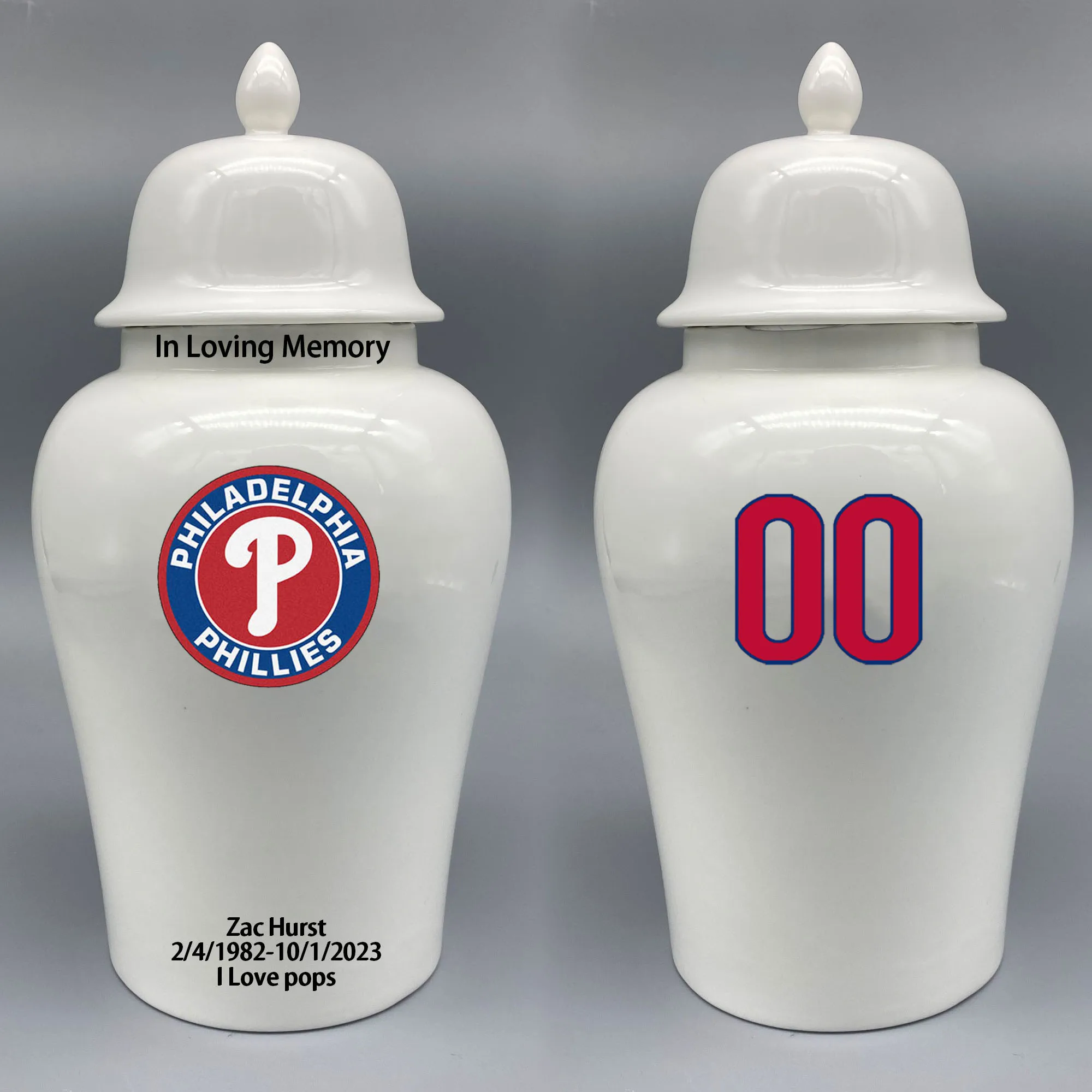 Large Urn for Philadelphia Phillies-themed Logo Urn.Please send me the customize information-name/date and number on the urn