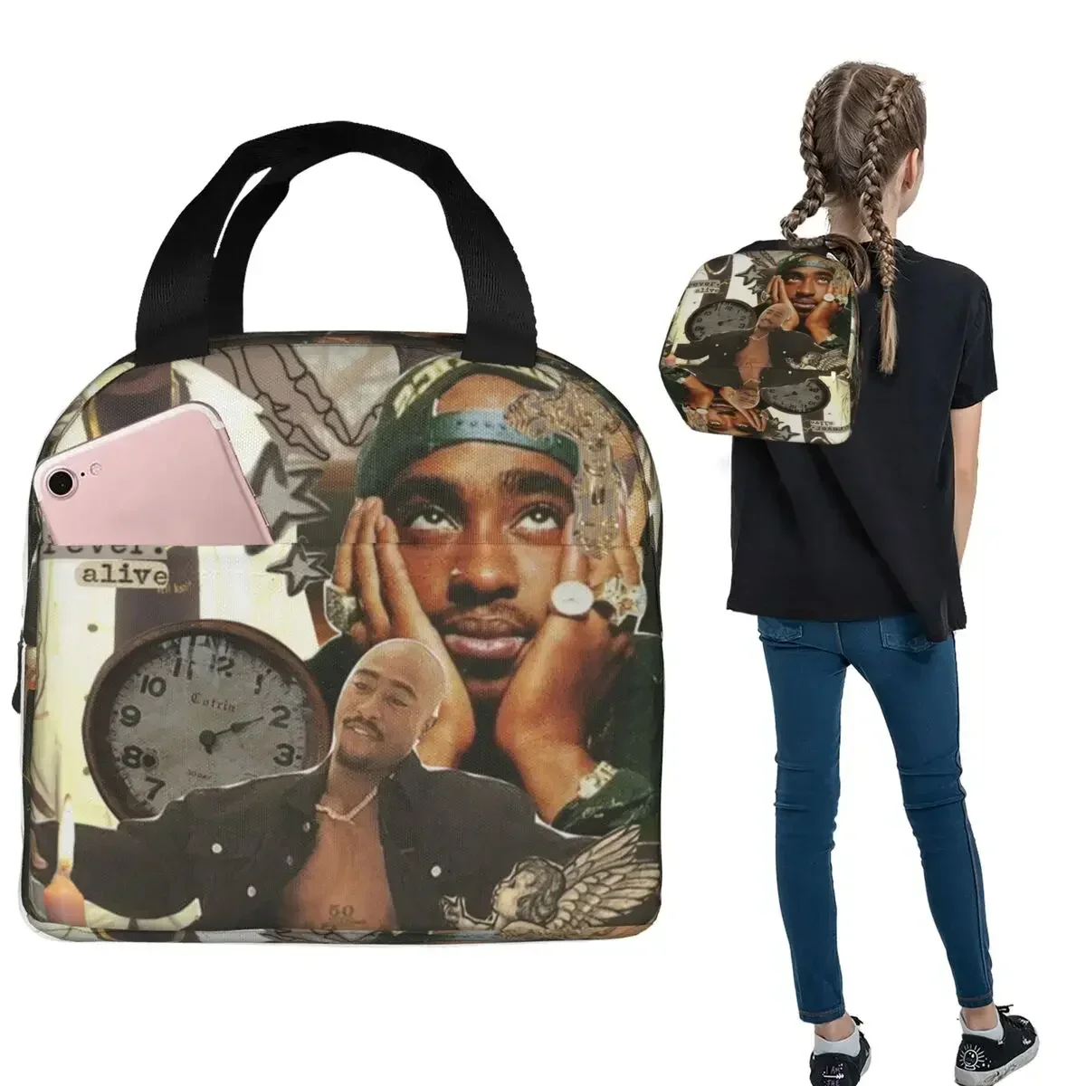 Rapper Tupac 2PAC Hip Hop Insulated Lunch Bag for Women Kids Portable Food Boxes Thermal Lunch Box Tote