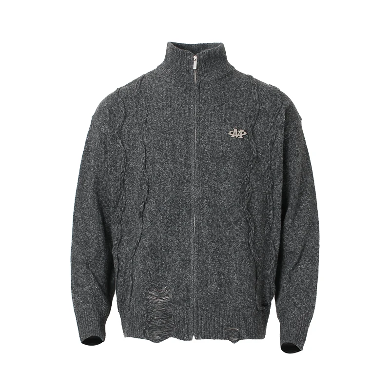 

Zipper High Collar Knitt Twist Wave Sweater Chest Metal M Label Men Women Loose Casual Hole Damaged High Street Kint Sweaters