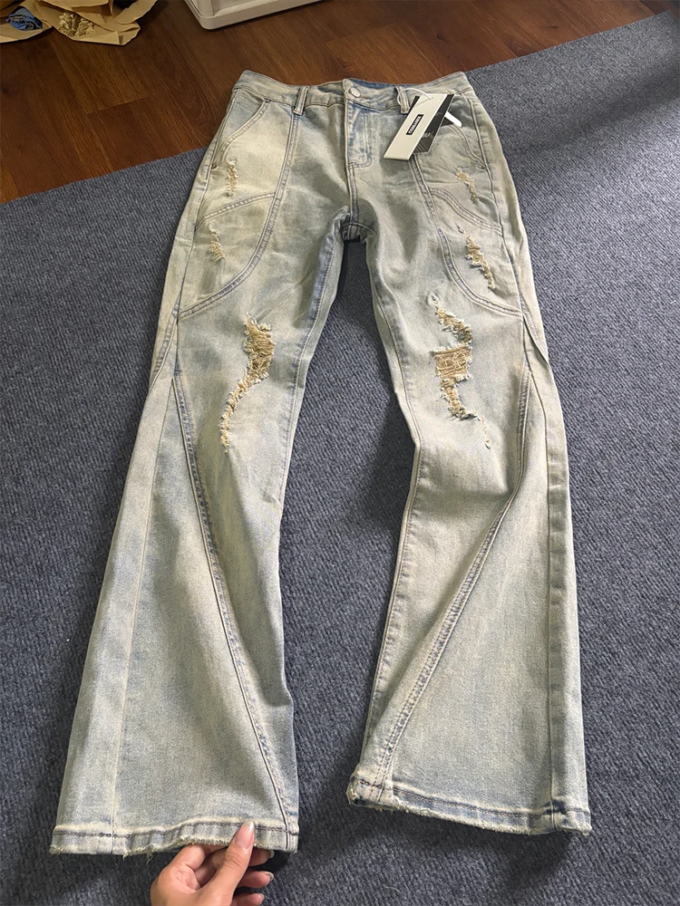 

Slim Fit Straight Leg Men's Jeans Yellow Mud Color Micro Flared American Retro Vibe Deconstructed Patchwork Slimming Pants