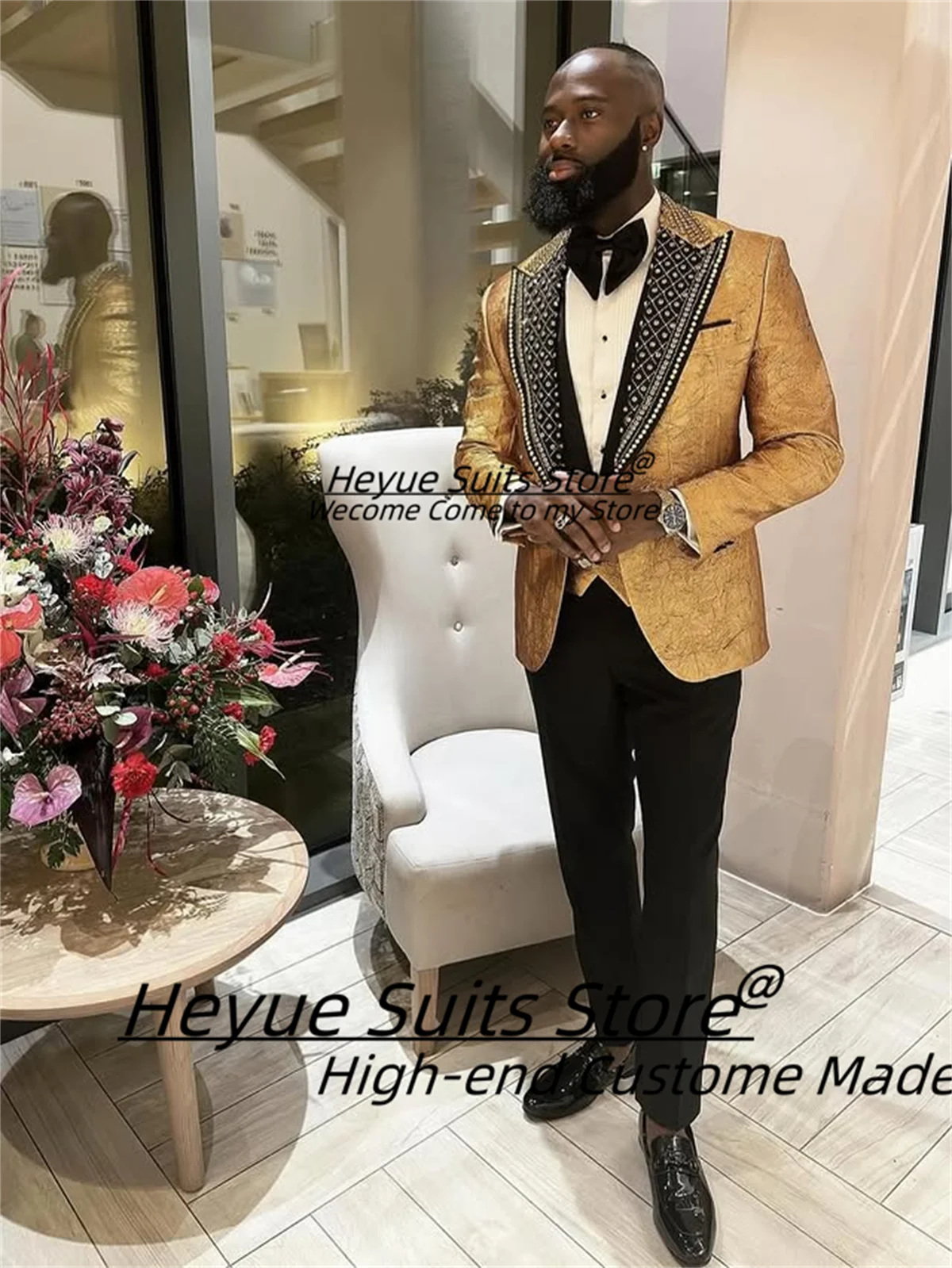 High-end Shiny Beadwork Dinner Men Suits Customized Slim Fit Peak Lapel Groom Wedding Tuxedos 3 Pieces Sets Male Prom Blazers