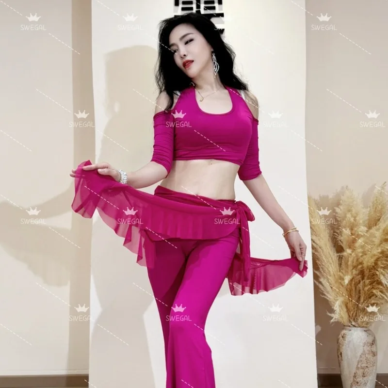 Costumes de danse du ventre personnalisés, vêtements d'entraînement, modal, épaules dénudées, haut à col suspendu, pantalons légèrement évasés, vêtements de danse