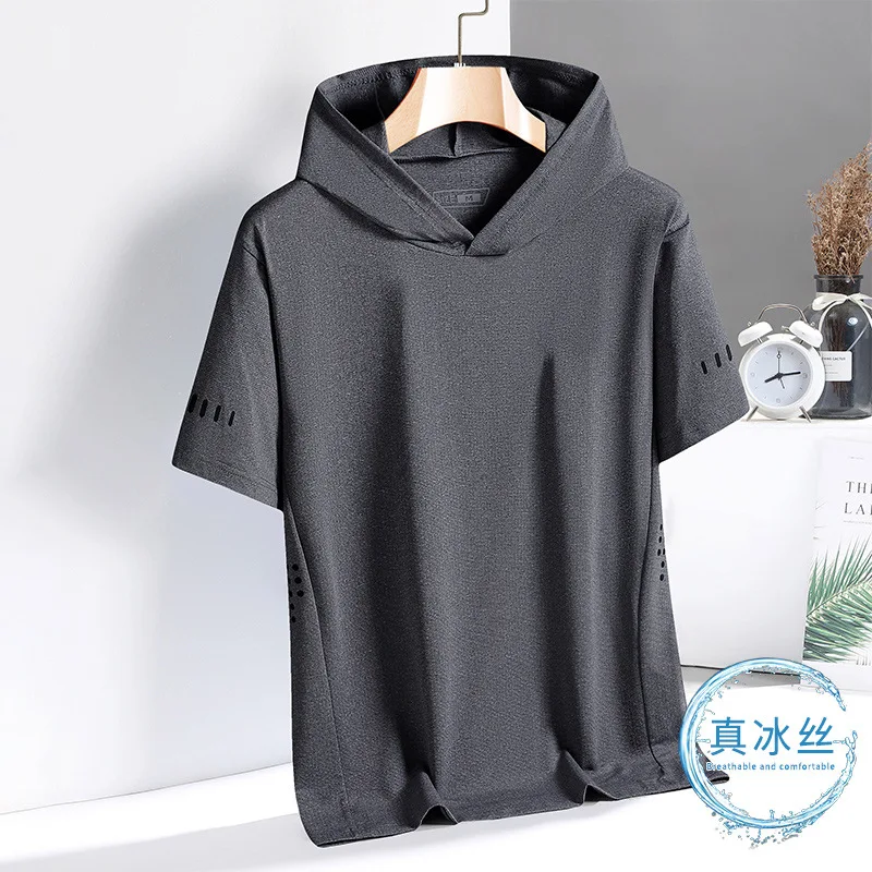 Hooded Ice Silk T-Shirt Men's 2026 Summer Thin Sports Short Sleeve T-Shirt