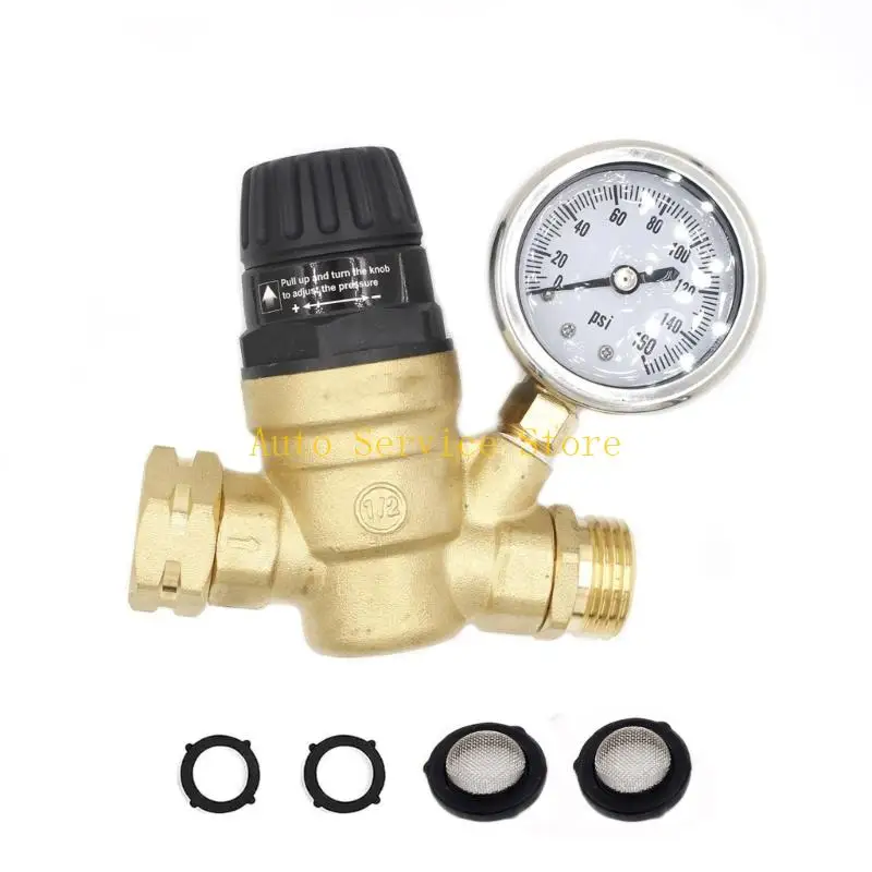 

462A Water Pressure Reducer RVs Water Pressure Regulator Valves with Gauges 160PSI Inlet Screened Filters Handle Adjustable