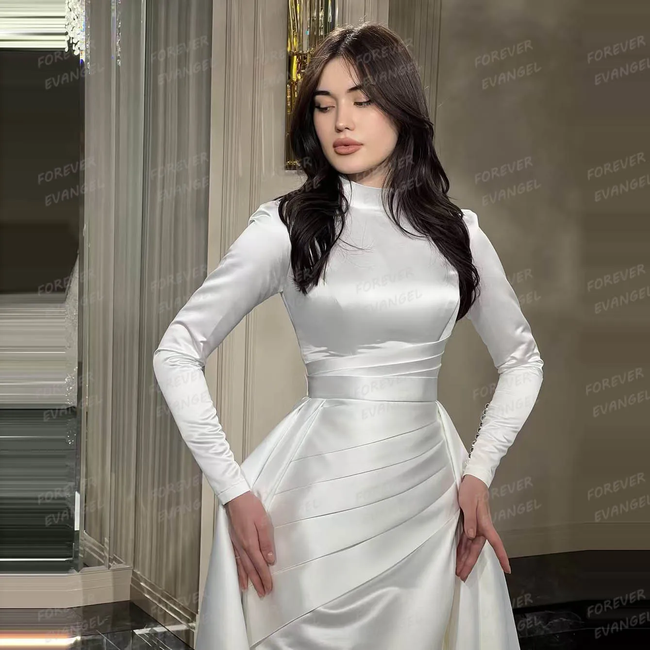 Simple Wedding Dresses Mermaid Woman\'s Long Sleeve Bride Gowns Elegant High Neck 2 In 1 Satin Customized Vestidos De Novias 2025