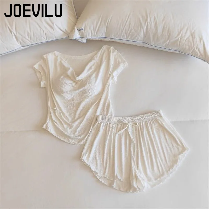 

Sweet Sexy Pure Desire Wind V-neck Short Sleeve Shorts Set Women's Fashion Solid Colour Tops Casual Pajama Set with Chest Pads