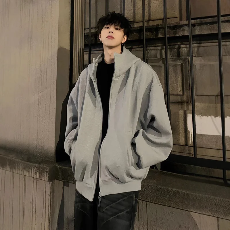 Black high neck hooded cardigan sweatshirt for men, autumn and winter, with plush heavy weight, stiff and thick jacket_voghion.com