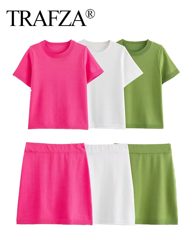 

TRAFZA Summer Female Fashion 2 Piece Set Solid 3-color Short Sleeve O-Neck T-shirt Top+Elegant Mini Skirts Streetwear Mujer