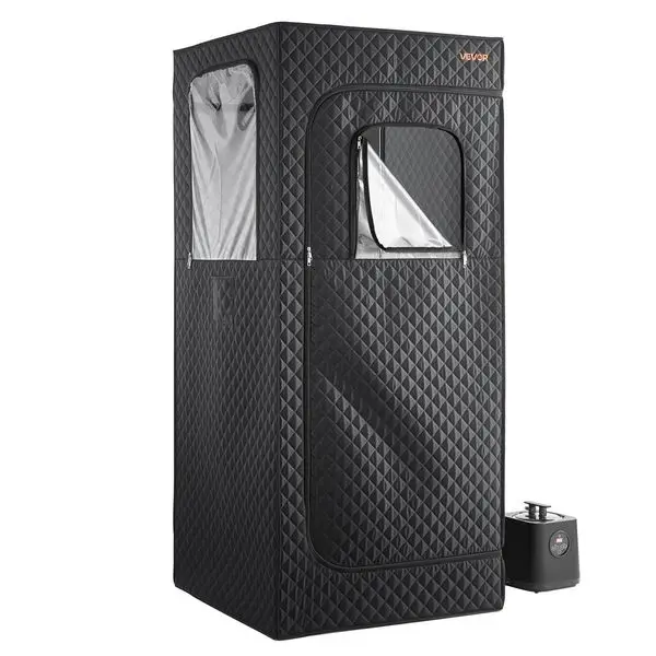 ساونا بخار محمولة مطورة، خيمة سبا لكامل الجسم لشخص واحد، باخرة، كرسي قابل للطي، جهاز تحكم عن بعد، صندوق زيت أساسي، أسود