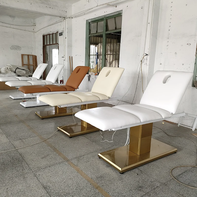 

Luxurious Stainless Steel Gold-plated Base with Foot Control 3 Motors Beauty Massage Bed with LED Light for Beauty Salon