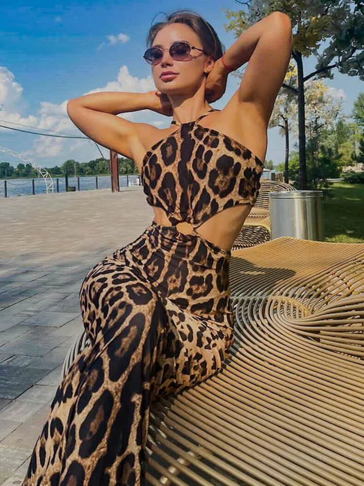 Mozision Leopard Print Maxi Dress For Women Halter Sleeveless Backless Bodycon Long Dress Ladies Strapless Sexy Slipdress