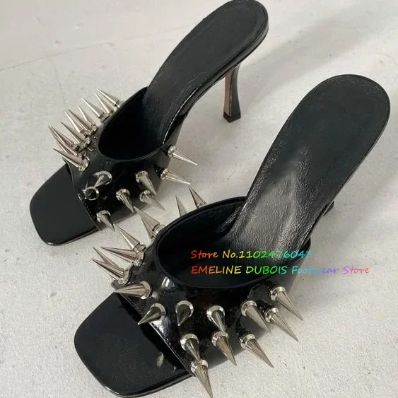 Extra Long Silver Spikes Mules Sqaure Toe Black Patent Leather Rivets High Heel Slippers Ladies Designer Brand Dress Shoes