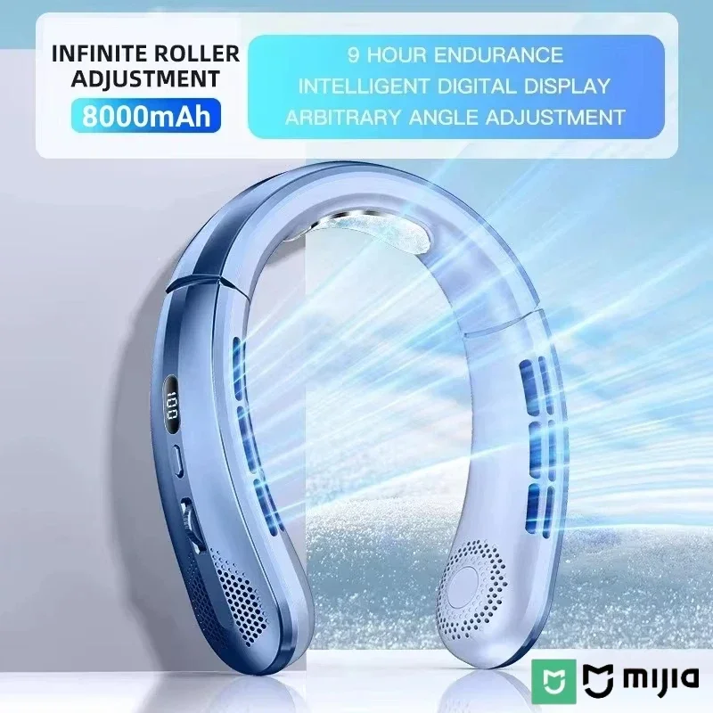 Lenovo Halsventilator, 8000 mAh, tragbar, blattlos, über USB wiederaufladbar, stumm, LED-Digitalanzeige, elektrischer Luftkühler, USB-Handventilator