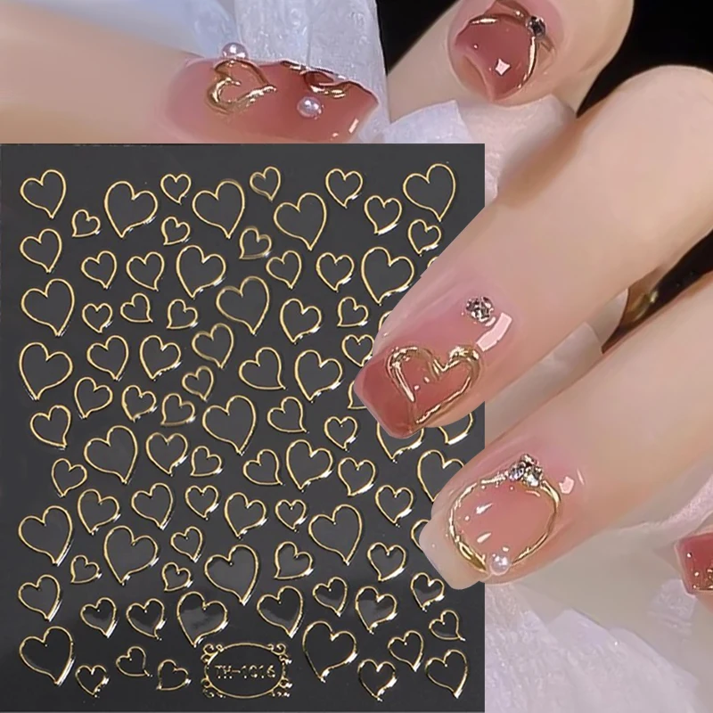 3D Gold Empty Heart Nail Art Stickers Sliver Hollow Heart Decals Golden Geometry Wave Lines Stripes Nail Decals DIY Accessories