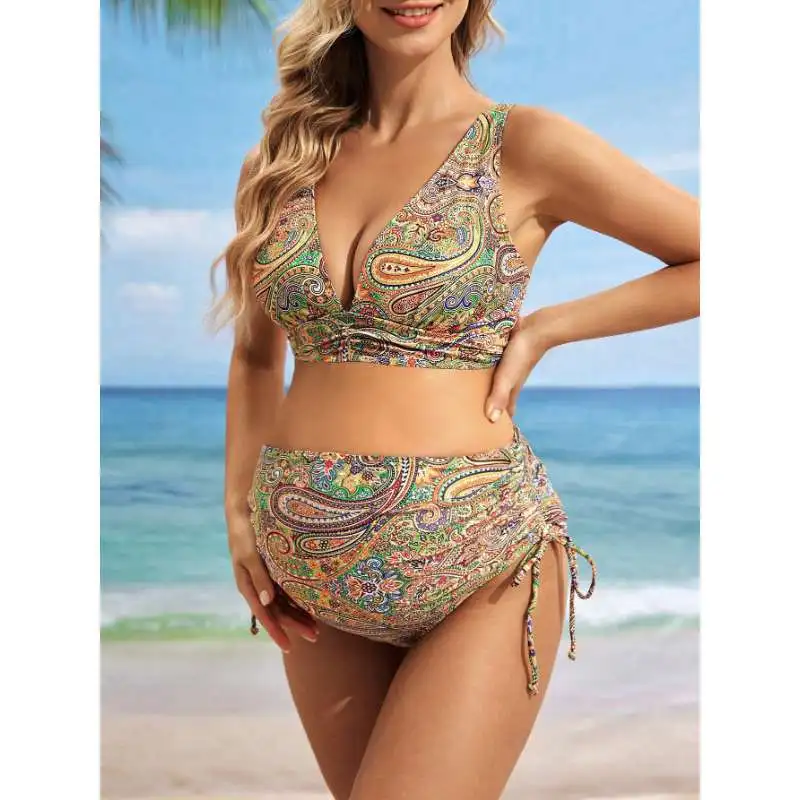 High-Waist Two-Piece Maternity Bikini Women's Swimsuit Slimming Print Vacation Beach Knot Design Swimming Costume