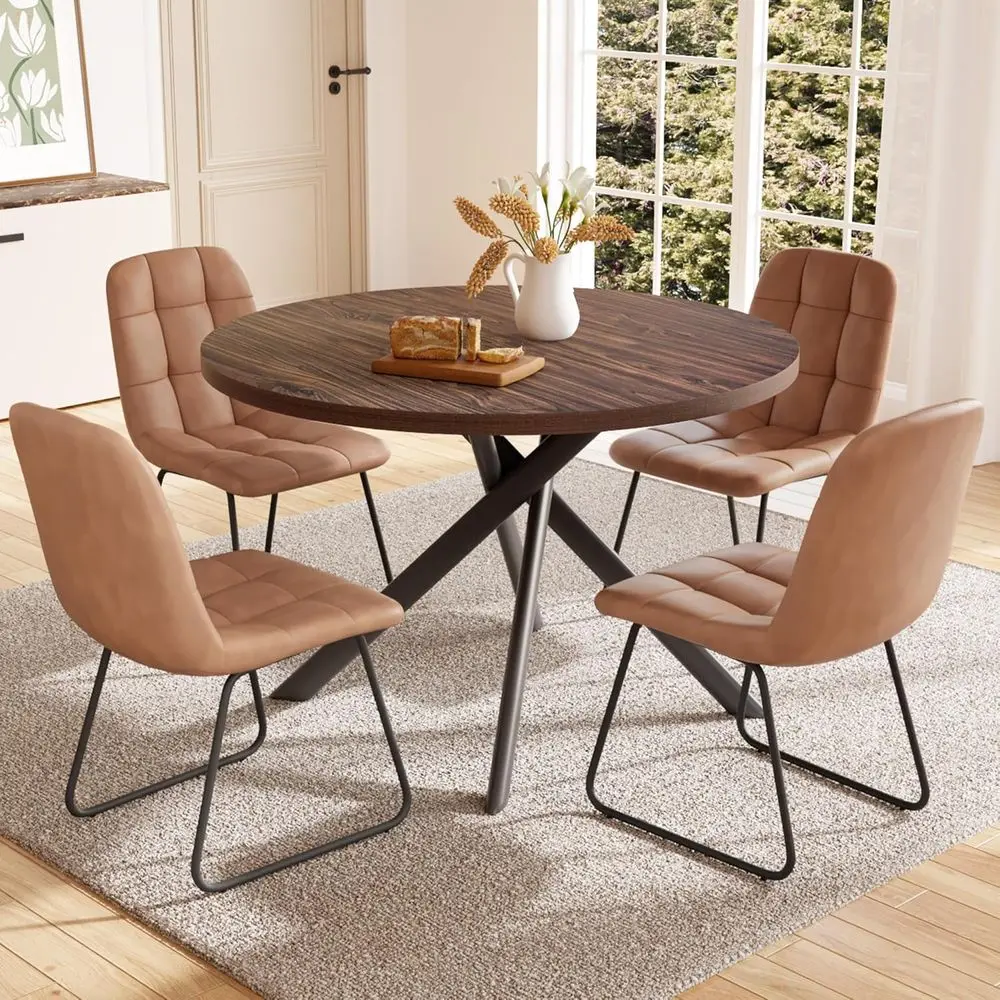 

45.3 Walnut Round Dining Table with 4 U-Shaped Brown Chairs