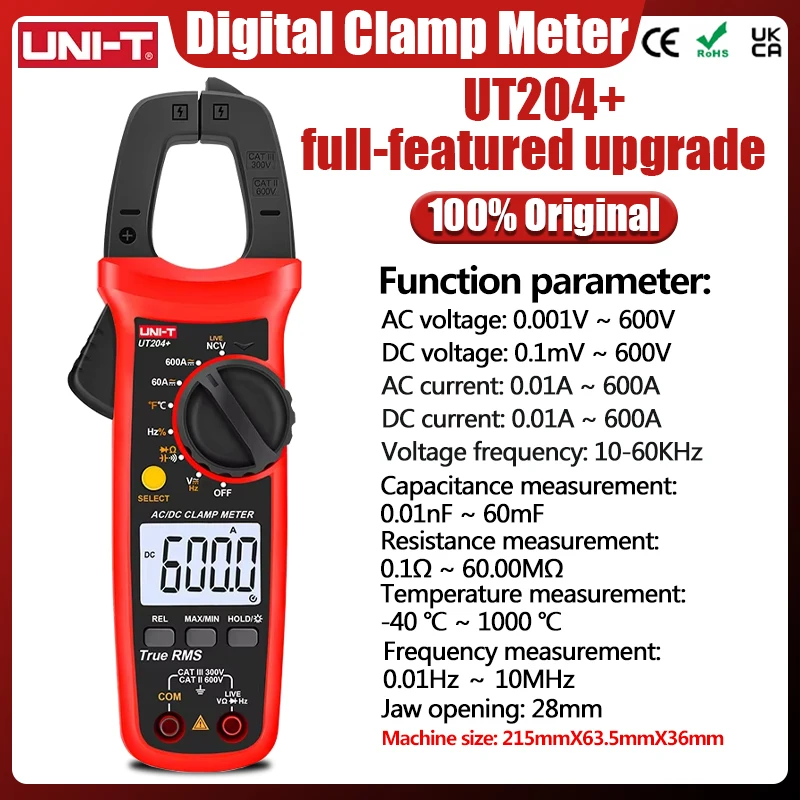 UNI-T UT202 UT202A UT204 Plus pinza amperimétrica AC/DC voltímetro Digital amperímetro alicates multímetro multímetro eléctrico profesional