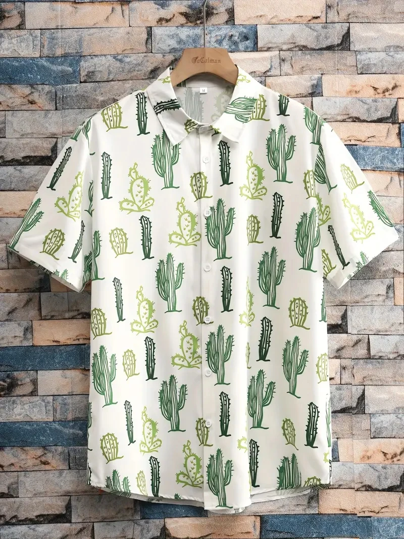 Fashion Men's Shirt Cactus 3D Print Man Clothes Oversized Summer 2025 New Holiday Beach Hawaiian Harajuku Short Sleeves Shirt