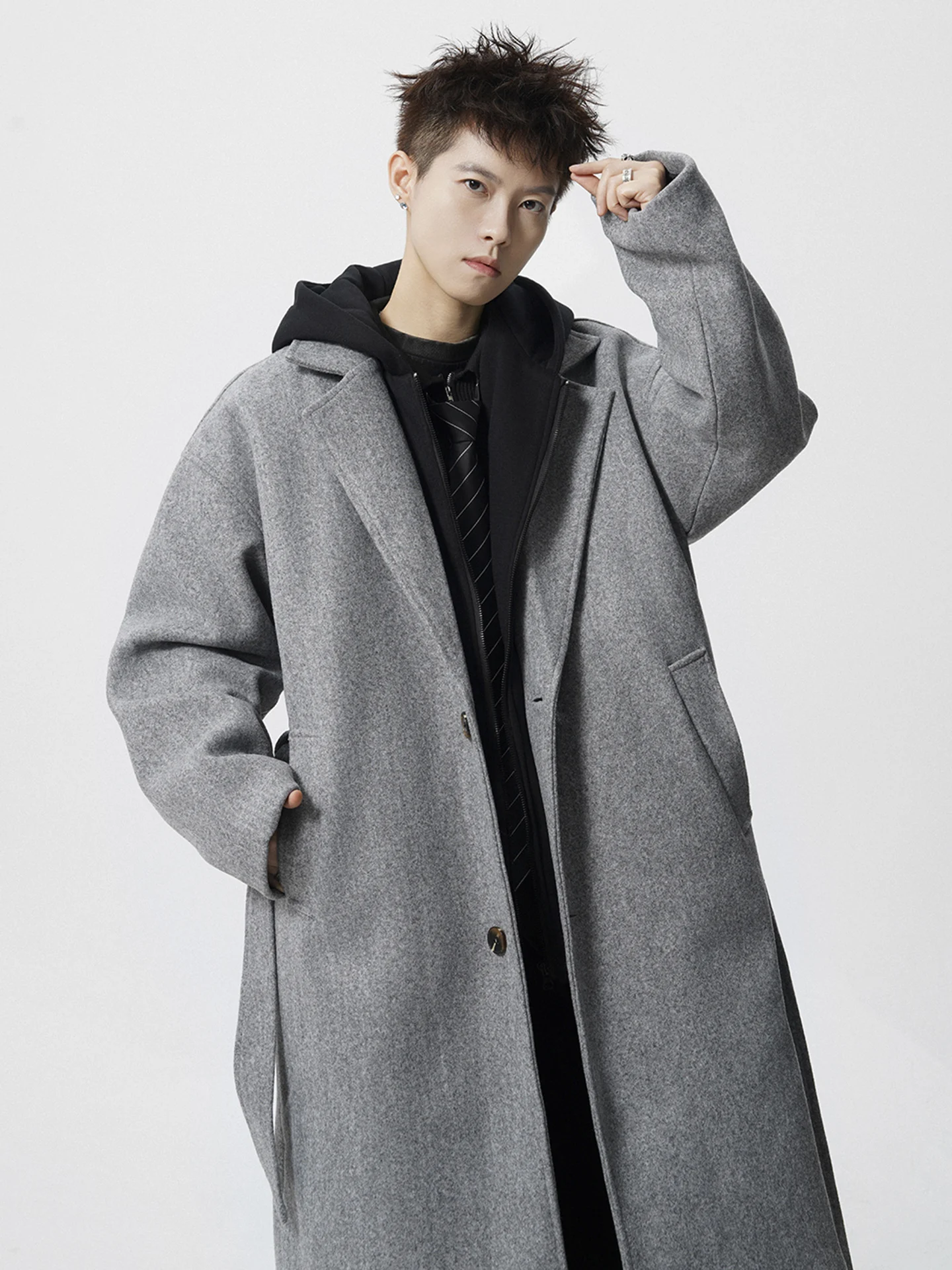 

Detachable Hooded Men's Woolen Coat Mid-Length Thiened Over-Knee Autumn Winter Outerwear Casual Straight Hemline Faion