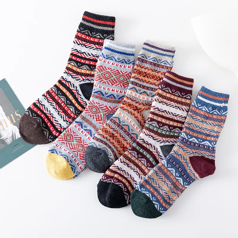 

5 Pairs Autumn Winter Retro Men Socks Thickened Warm Rabbit Wool Male Sokken Thick Line Middle Casual Sokken Stripe Terry Sock