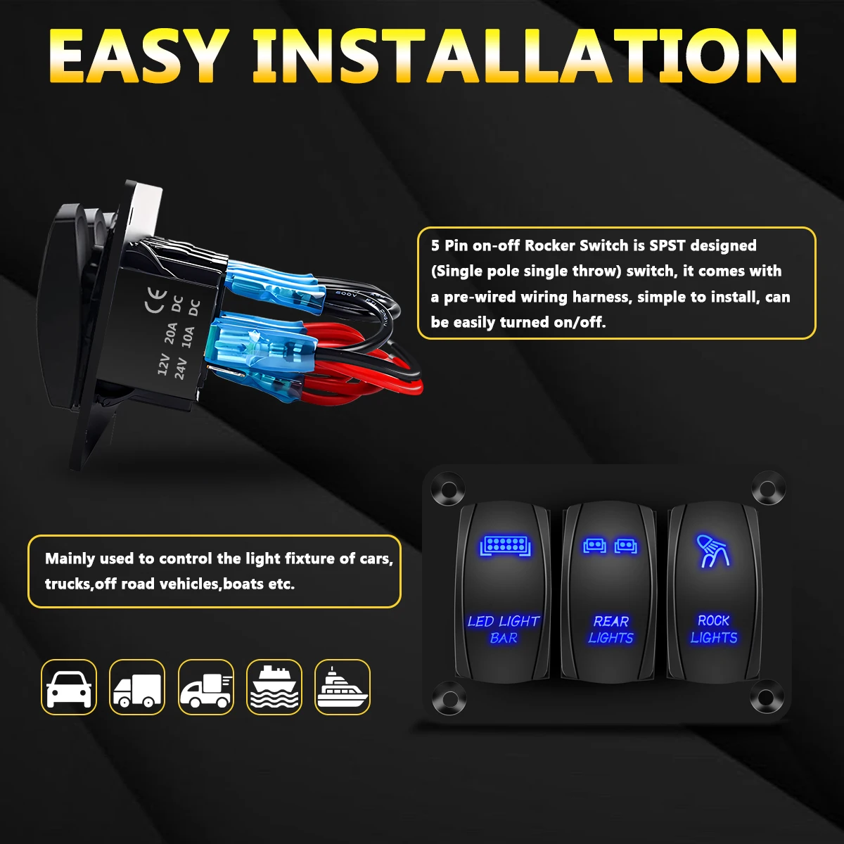 3 عصابة الألومنيوم لوحة مفتاح متأرجح 5 دبوس تشغيل/إيقاف قبل السلكية تبديل لوحة التبديل مع حامل مفتاح متأرجح 12/24 فولت ل مركبة بحرية