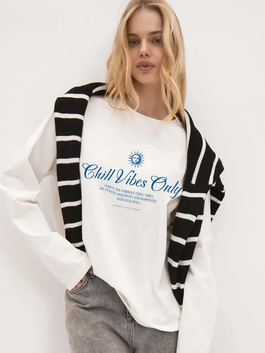 Women's 100% Cotton T Shirt Spring Autumn Loose Fit Casual Long Sleeve Blue Sun Pattern Chill Vibes Only Letter Front Print Top