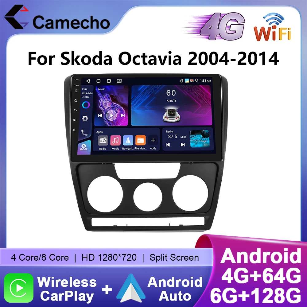 Camecho Wireless Carplay Android Auto 2Din Autoradio für Skoda Octavia 2004-2014 GPS Stereo Bluetooth WIFI RDS Multimedia Player