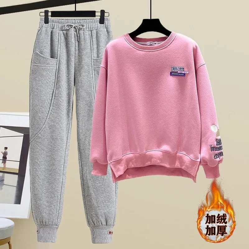 Casual Womens Tracksuit Two Piece Sets Thicken Warm Sweatshirts Conjuntos Velvet High Waist Joggers Sweatpants Loose Outfit New