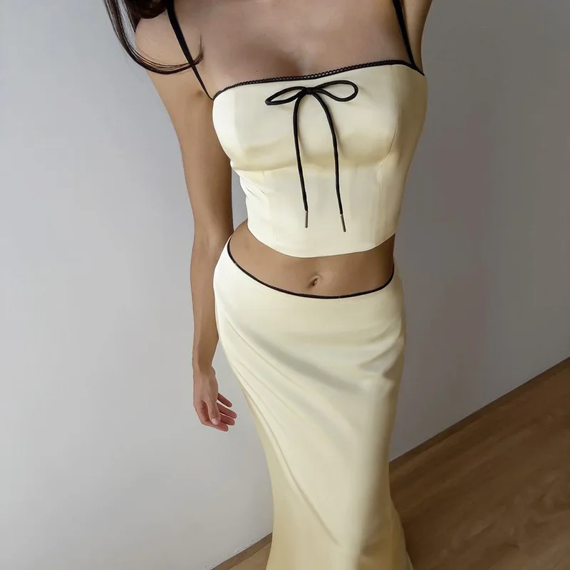 Gtpdpllt Satin Two Piece Set Crop Top And Maxi Skirt Sets Sexy Summer Outfits For Women 2024 Elegant Party Dresses Co Order