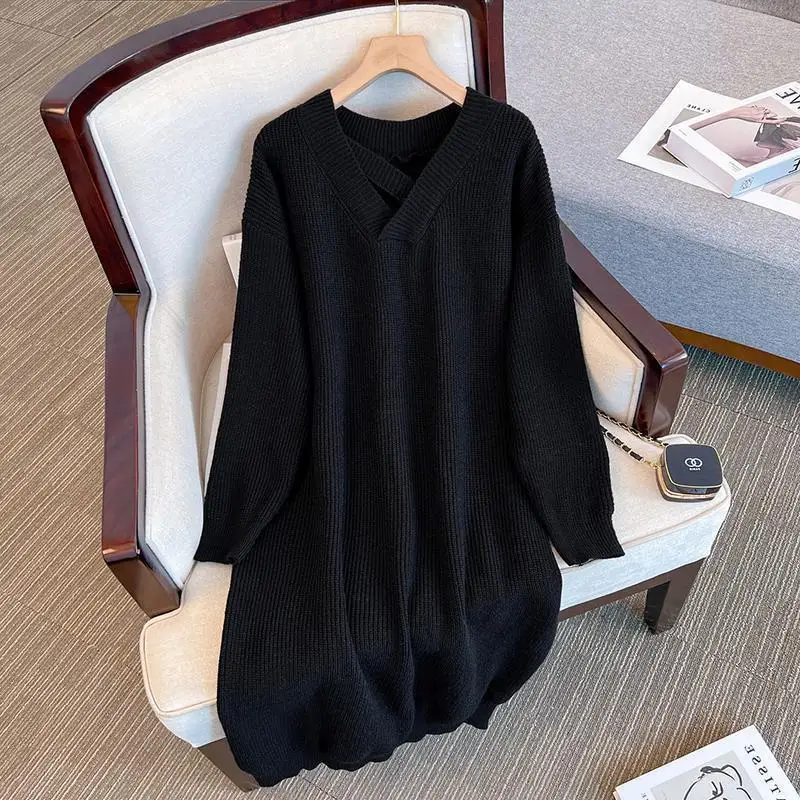 

plus Size Knitted Sweater Midi Skirt Women's Loose Fit Conceal Meat Lazy Style Autumn Winter V-Neck Long Sleeve Casual Dress