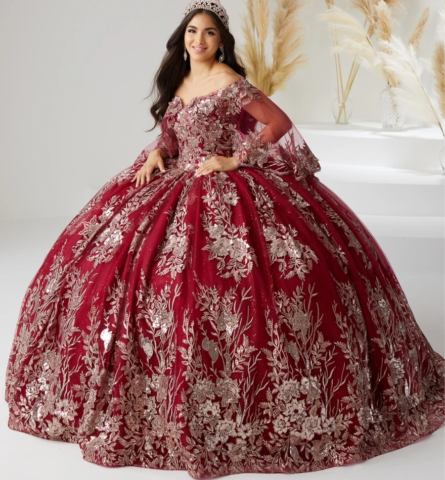 

Lorencia бальное платье с темно-красными цветами, платья Quinceanera с шалью, милое платье 16, платье принцессы для торжественных случаев на день рождения YQD182