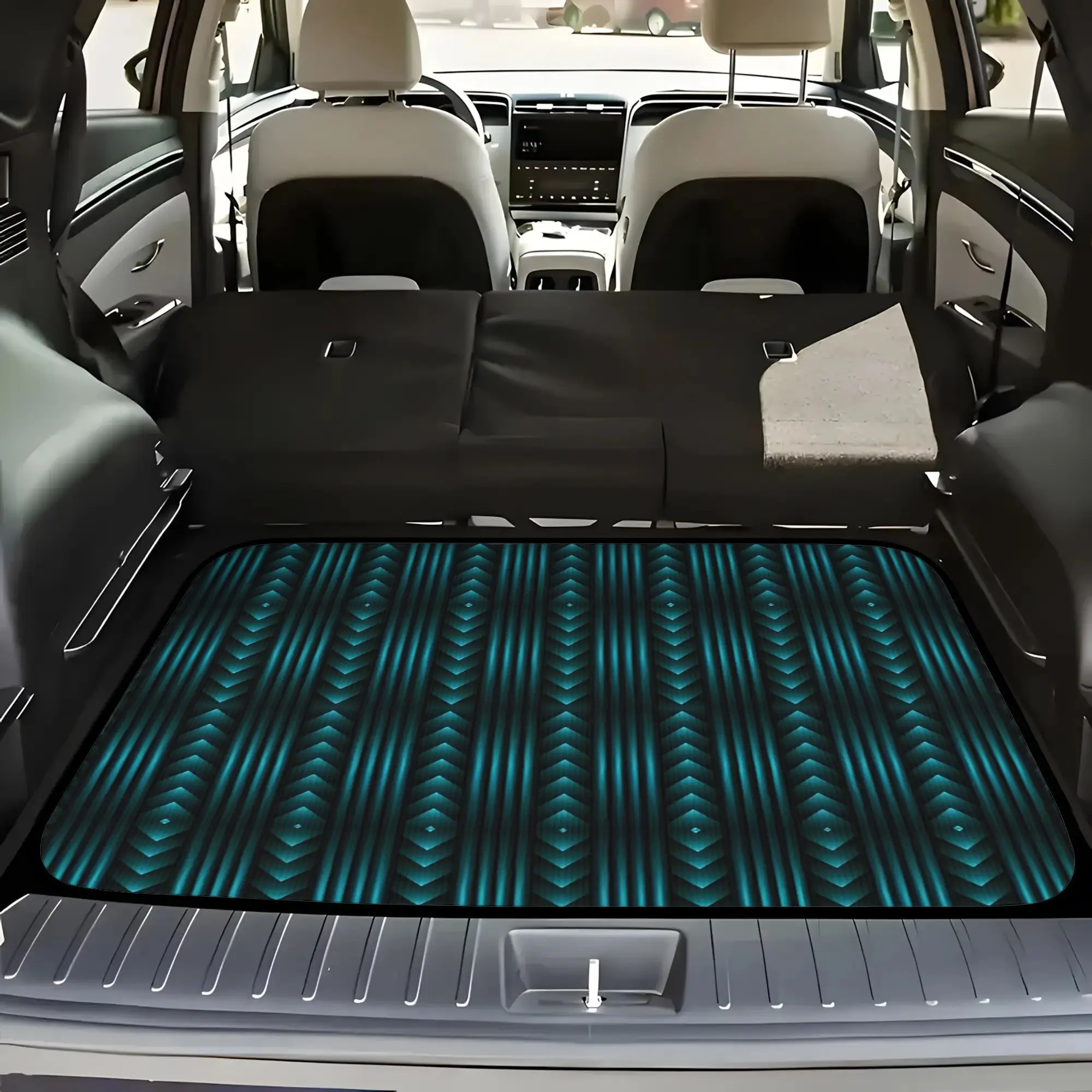 2D Plane 5pcss Teal Vertical Stripe Diamond Print Car Floor Mat | Trunk Liner -5pcss Set (Including 4 Floor Mats And 1 Trunk Lin