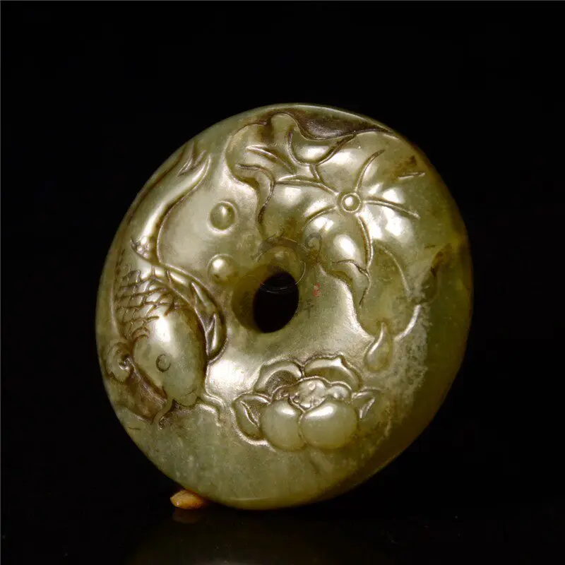 Antique Old Jade Ping An Buckle Pendant Hand Carved Carp Lotus Pattern Vintage Chinese Hetian Jade Bi Disc Lucky Wealth Amulet N