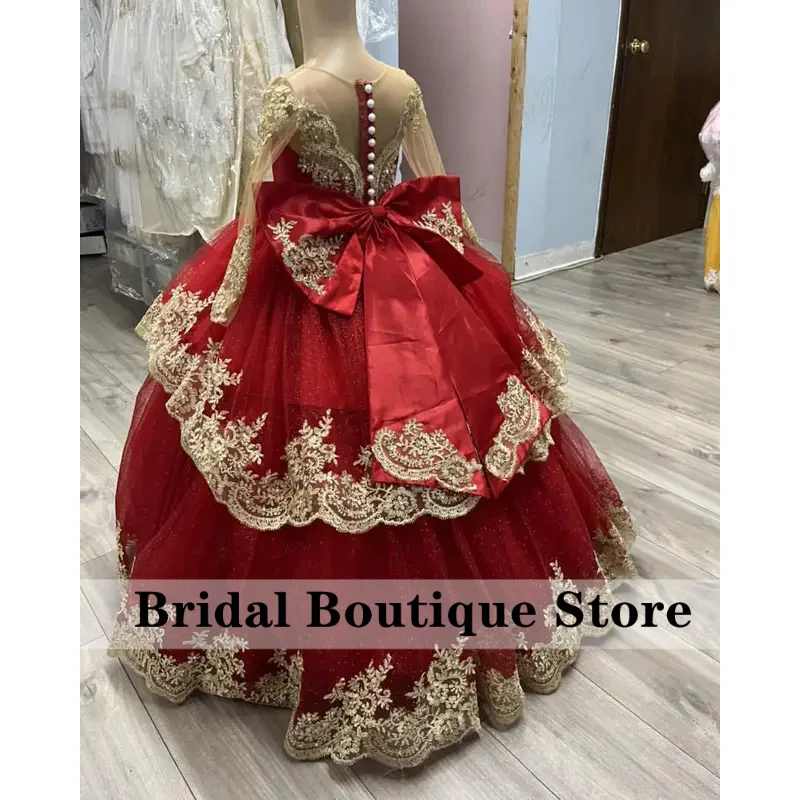 Burgundy Wedding Long Sleeves Flower Girl  Sheer Neckline Gold Applique Pageant Birthday Party Dress Customized