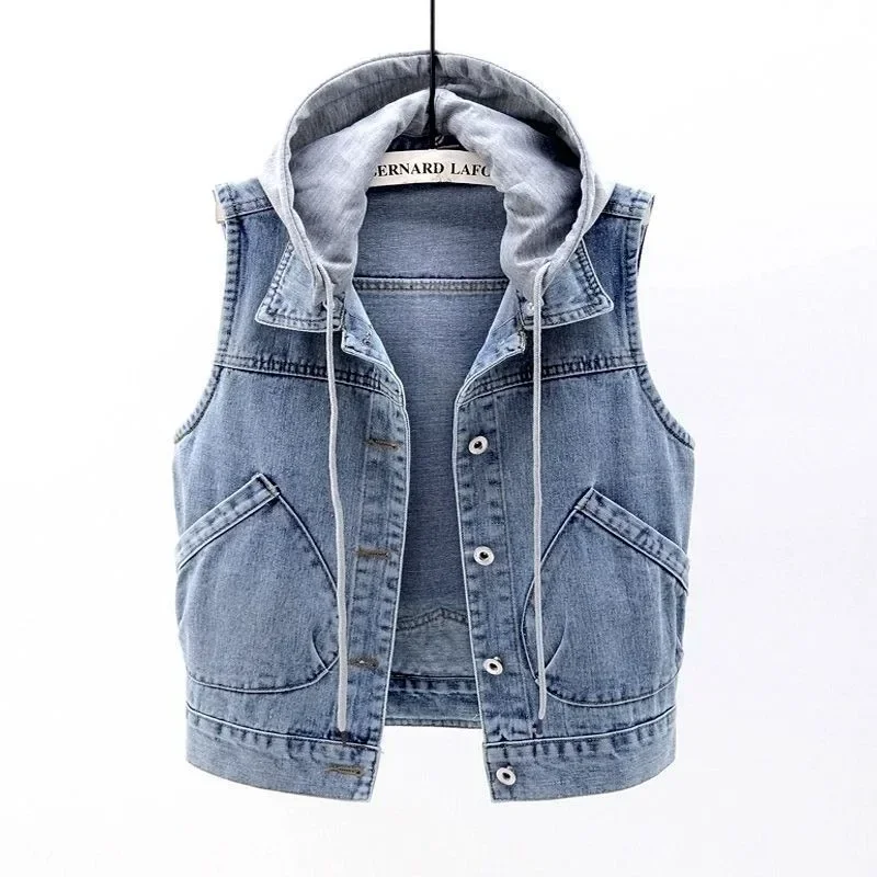Sleeveless Jeans Jacket Women Korean Fashion Hooded Vests Jean Short Waistcoat Large Size Cotton Zipper Denim Vest Female - Image 6