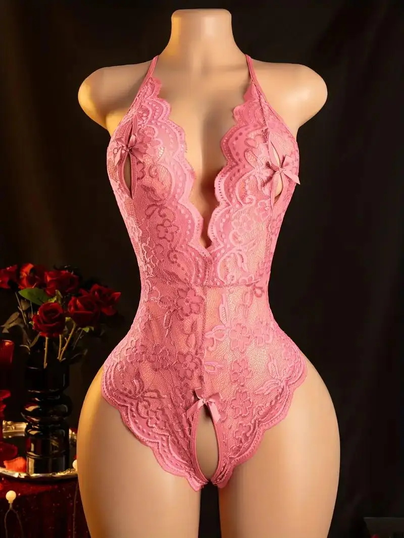 Crotchless Pink Sexy Lingerie Women Hollow Bodysuits Erotic Costumes Teddy Babydoll Dress Deep V Open Bra Female Porn Underwear image 3