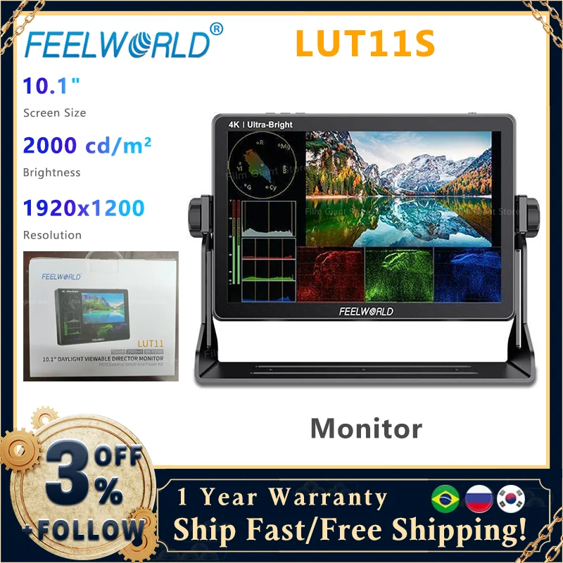 FEELWORLD LUT11S 10.1인치 2000니트 초광각 IPS 터치 스크린 3DLUT 3G-SDI HDMI 호환 DSLR 카메라 필드 모니터 리뷰