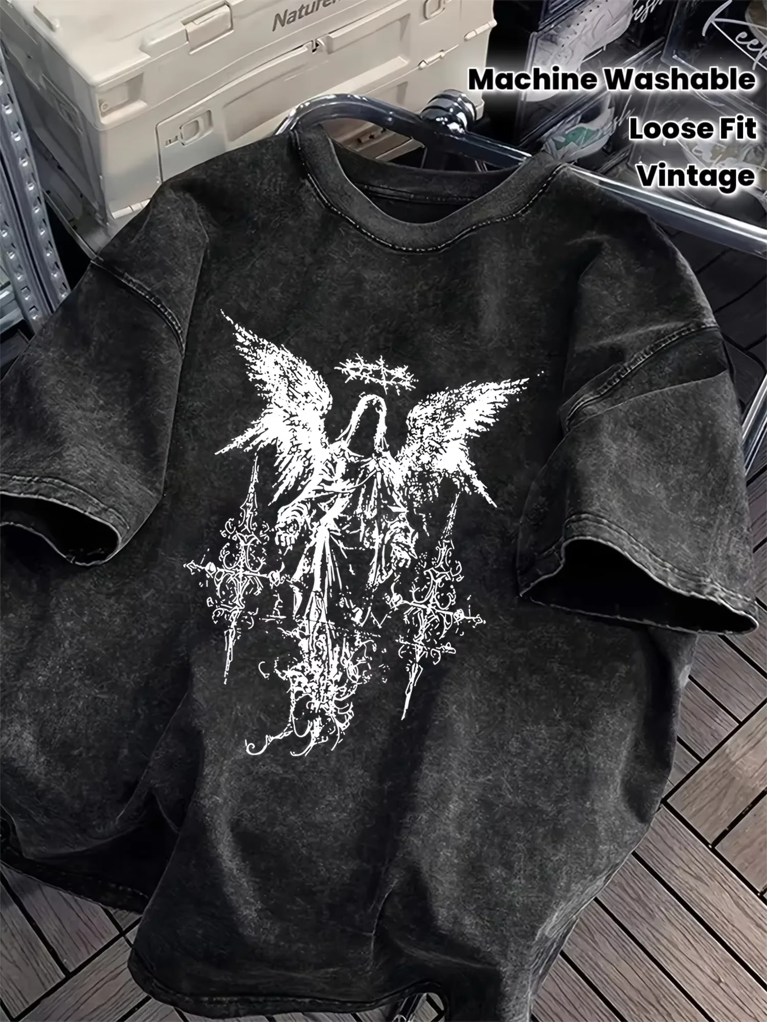 Men's Gothic Heavyweight Cotton T-Shirt - Drop Shoulder Oversized Streetwear Tee with Dark Angel Graphic
