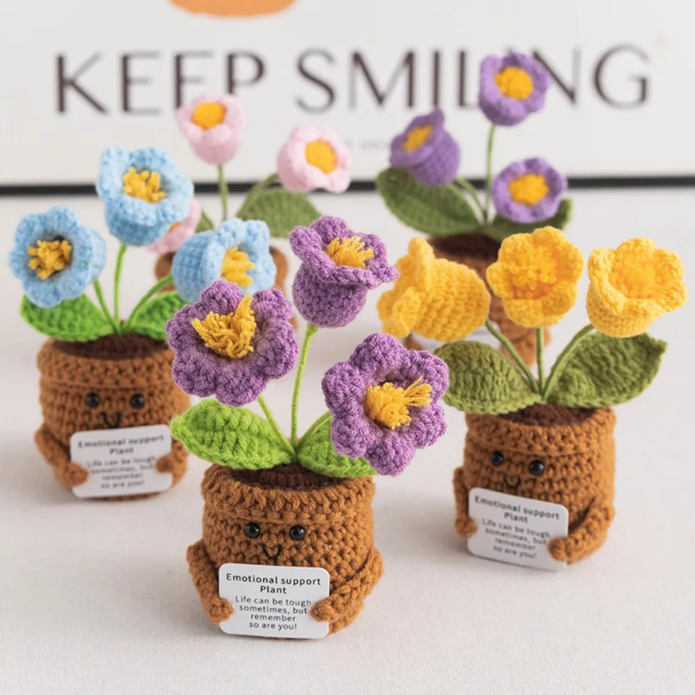 Knitted Plant Dolls with Affirmation Cards Desktop Decor Potted Bouquet Finished Products Home Decoration Cotton Gifts Ornament