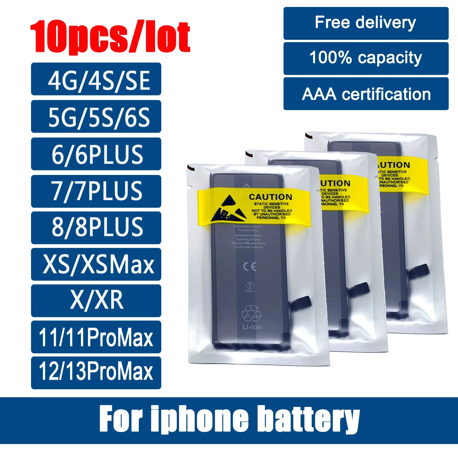 

10pcs/Lot 3A Certification 0 Cycle Phone Battery For iPhone 4 4S 5 5S 5C SE 2020 6 6S 7 8 Plus X XR XS 11 12 13 Mini SE2 Pro Max