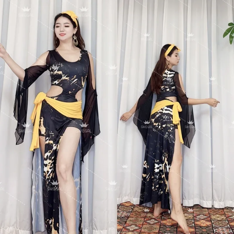 Customized Swegal Belly Dance Costumes Irregular Leopard Pattern Robe Advanced Slimming Oriental Dance Dress Practice Outfit