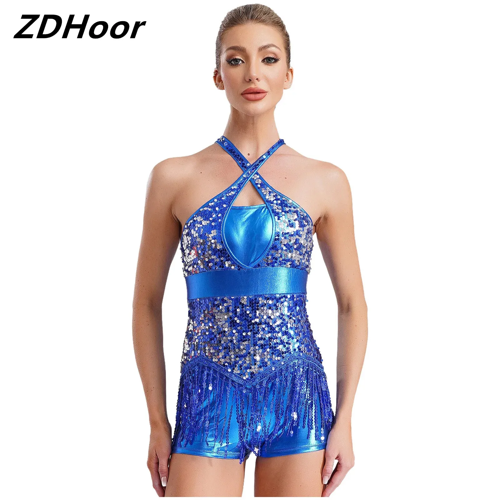 

Womens Sequins Latin Dance Leotard Cha-Cha Performance Costume Sparkly Tassel Cross Front Cutout Back Fringed Bodysuit Dancewear