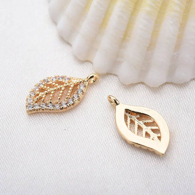 (987)4PCS 14x7MM 24K Gold Color Brass with Zircon Leaf Leaves Charm Pendants for DIY Jewelry Making Findings Accessories