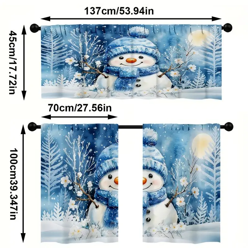 VIKAMA Christmas Kitchen Curtain Blue Snowman Pine Moon Print Window Curtain Tier Kitchen Sink Decor Winter Holiday Cozy Home