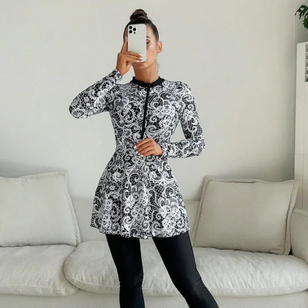 Woman Beachwear Long Sleeve Swimsuit A Line Skirt Zip Front Swimwear Floral Print Ruffle Trim Bathing Suit Solid Color
