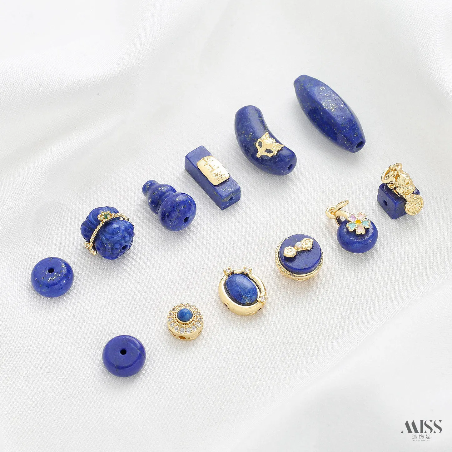 

18K Gold Plated Natural Lapis Fox Curved Tube, Gourd, Twin Lotus, Lucky Charm, Pixiu Pendant, DIY Jewelry Making Accessories