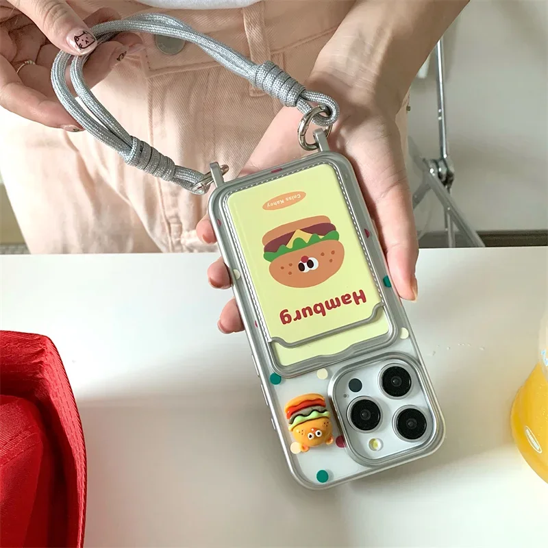 Cute French fries Card Holder Electroplating Phone Case For iPhone 15 Pro 12 14 13 Pro Max 14pro Cover with Hand Strap Cases Fun