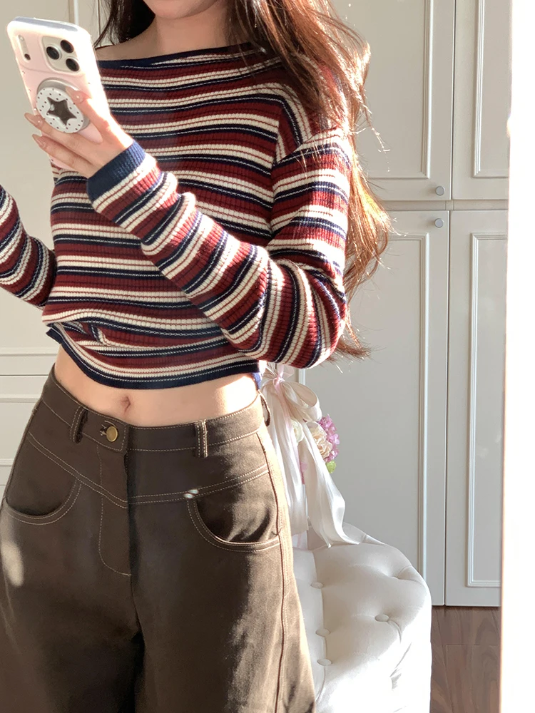 Coreano sle longo sve malha topo ort oulder bared fino ajuste jovem olhando interior wear feminino faion listrado cor blo