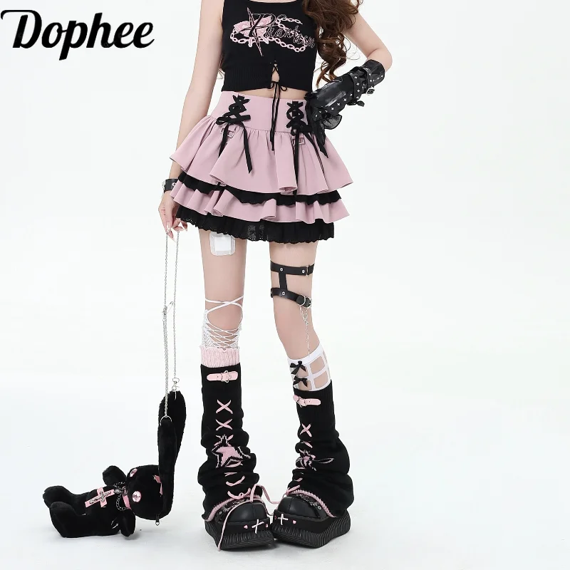 Dophee Original Y2k Subculture Bandage High Waist Cake Skirt Spice Girls All-match Lace Ruffles Women A-line Short Mini Skirts