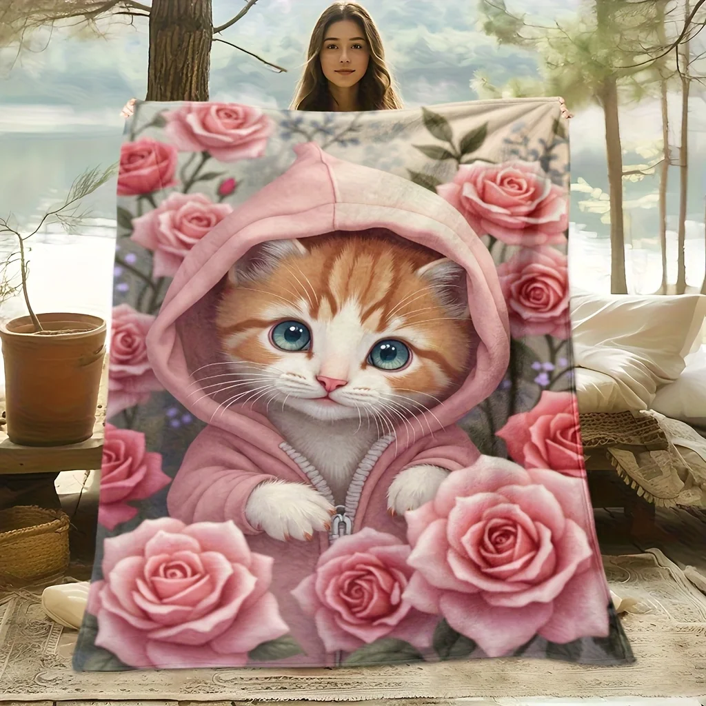 

Cat in Hoodie Flannel - Pink Roses Background 100% Polyester All-Season Cooling Breathable Family Friends Gift